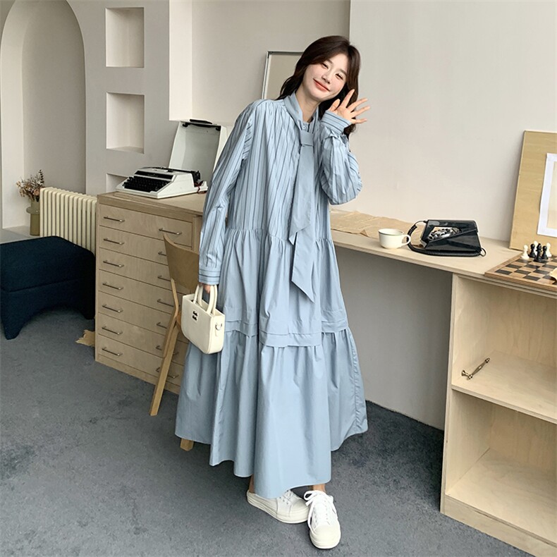 春现盐系浅蓝色条纹休闲风连衣裙B190-5010-P135-K198,女装连衣裙,2B190