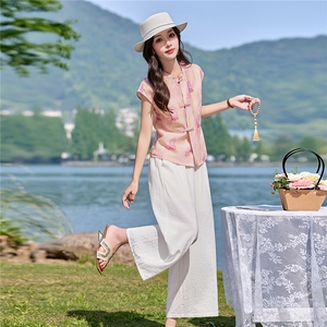 新中式套装女夏新款洋气不规则盘扣上衣+阔腿裤两件套图片