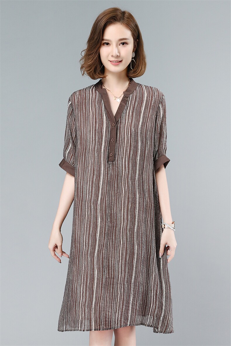 2021夏季新款简约时尚气质V领休闲舒适条纹文艺连衣裙,女装连衣裙,叶笙衣