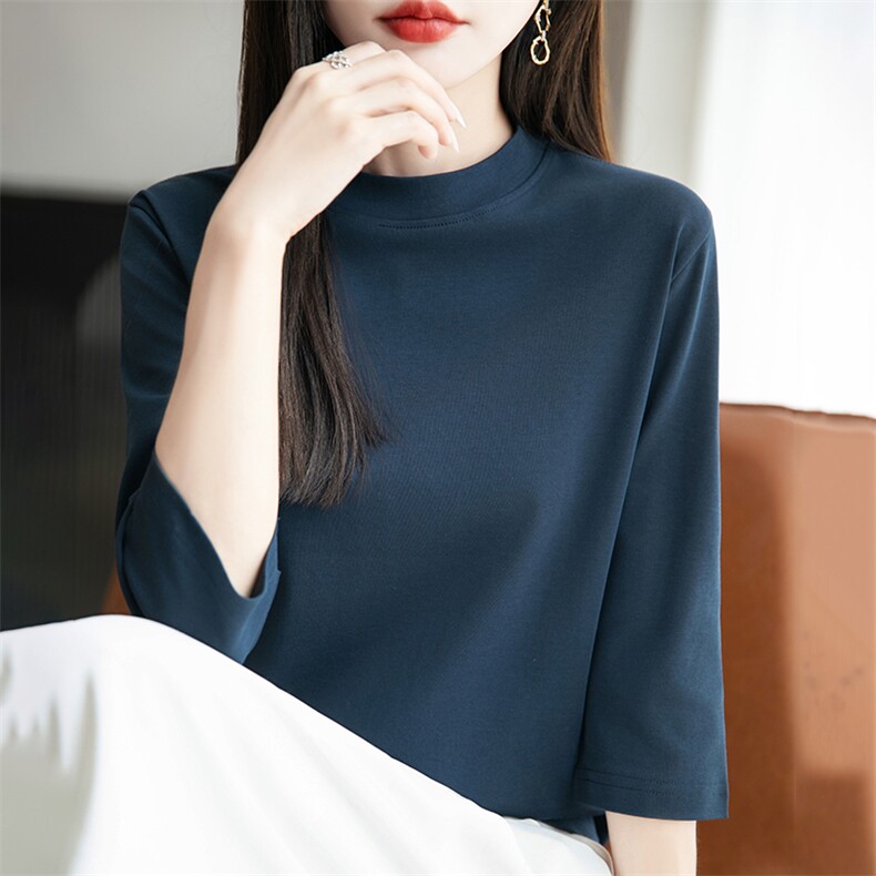 时尚半高领七分袖纯棉T恤女夏季新款修身显瘦百搭上衣,女装T恤,羊秋羊绒