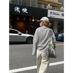 W10511-P48 网图现货 撞色条纹亨利领长袖上衣宽松休闲T恤打底衫图片