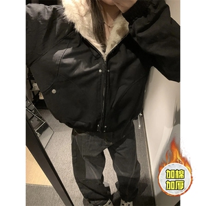 现货高品质美式高街冬季重磅硬挺短款座山雕毛领棉衣男女加厚外套图片