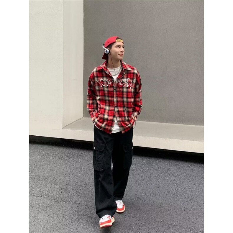 1506/QC060/P36美式刺绣红色小众设计感宽松慵懒风学生衬衣外套,男装衬衫,星座1506