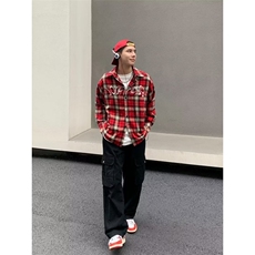 1506/QC060/P36美式刺绣红色小众设计感宽松慵懒风学生衬衣外套，男装衬衫，星座1506