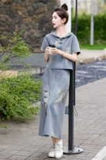 新中式刺绣牛仔套装裙女2025夏季新款气质盘扣上衣半身裙两件套，女装套装/套裙，关键词