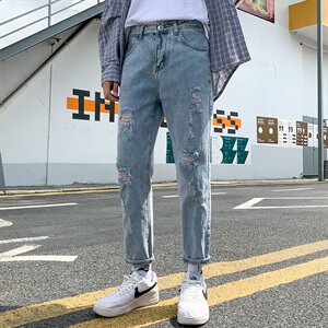 牛仔裤男士秋季潮牌破洞ins韩版潮流百搭九分休闲长裤子7116-P35