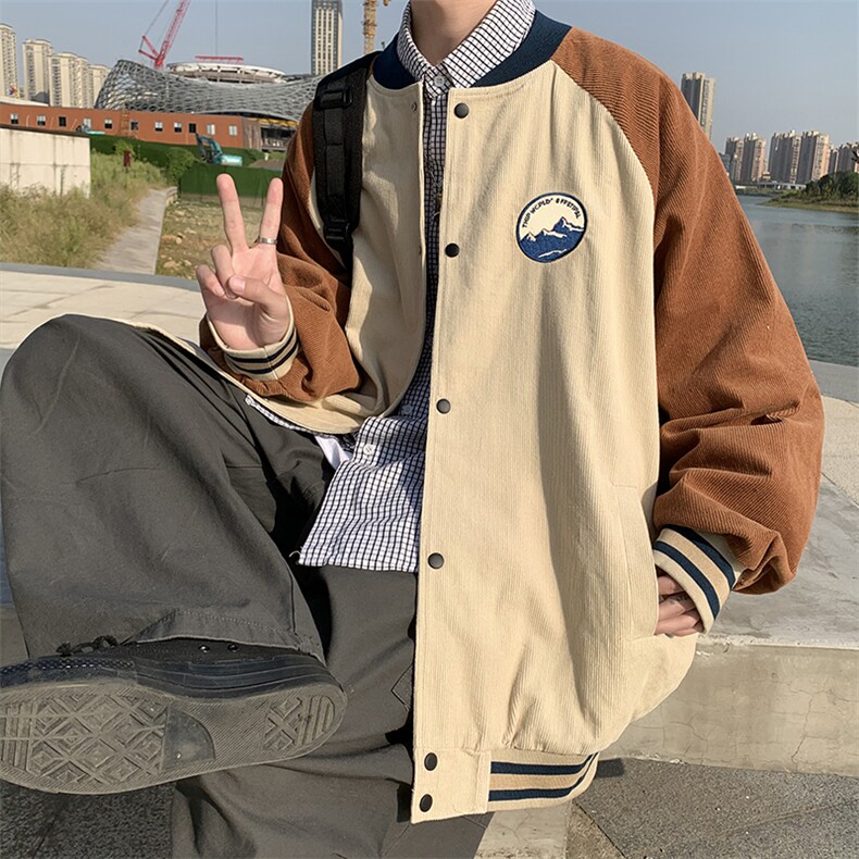 春秋新款复古潮流灯芯绒撞色棒球服外套情侣港风休闲夹克W095-p45,男装夹克,星座1008