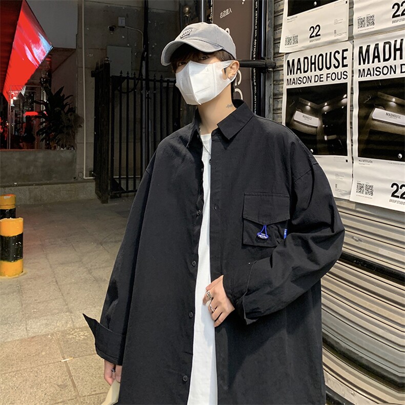 XZ213-CS006-P45控58 港风大码潮牌痞帅ins工装纯色长袖翻领衬衫图片