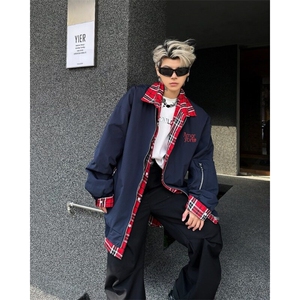 美式小众格子拼接假两件外套男女春季复古工装飞行员夹克棒球服潮图片