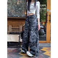 复古迷彩口袋洋气阔腿工装裤女春季2025新款美式辣妹高腰休闲长裤，男装牛仔裤，星座218-8