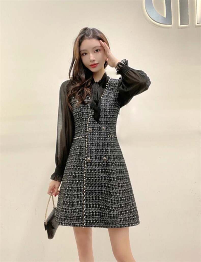 现货小香风假两件连衣裙，女装连衣裙，嘉利得