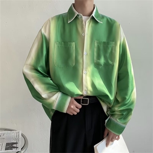 竹子绿渐变印花长袖防晒休闲衬衫小众高级感宽松渐变色衬衫男C645图片