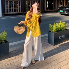 新中式印花宽松喇叭袖时尚气质小衫，女装衬衫，水衣源
