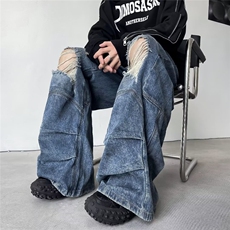 得物品质秋男牛仔裤工装褶皱大口袋破洞渐变色直筒长裤NK078P60，男装牛仔裤，星座1013-1