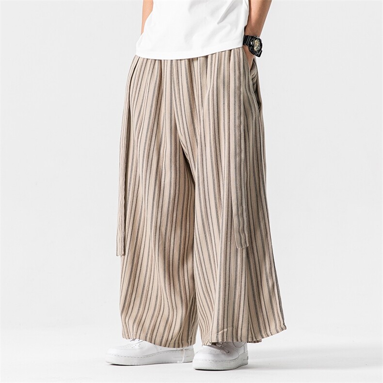夏季新款大码日系复古棉麻条纹裤直筒阔腿裤风汉服K257/P75，男装民族服装，电商A221A