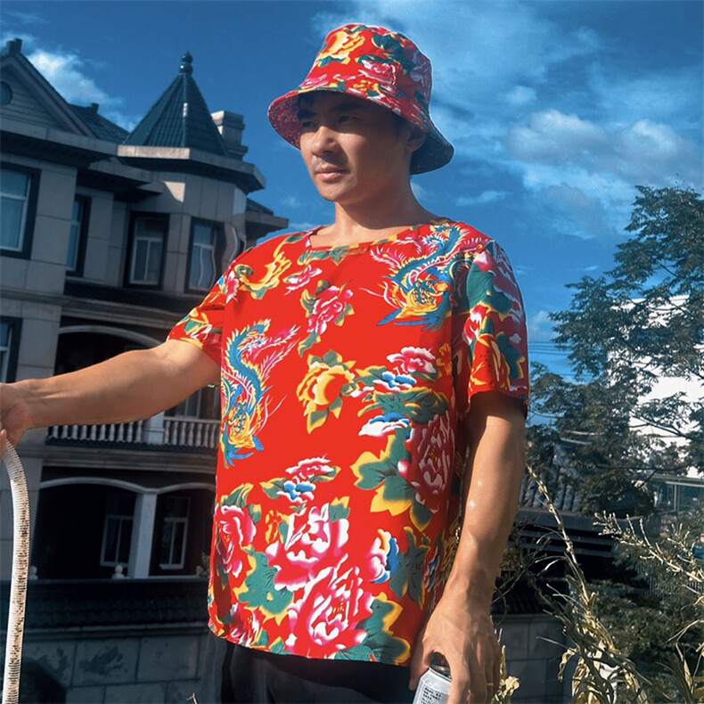 HT203夏男休闲东北大花民族风牡丹花圆领短袖T恤青少年大码男女潮，男装T恤，星座115A-2