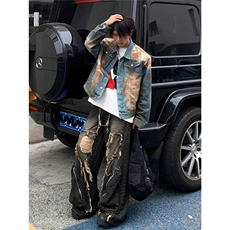 美式废土风扎染牛仔外套男欧美街头小众水洗做旧宽松短款工装夹克，男装工装外套，星座516A