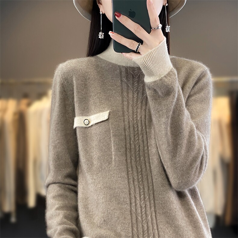 2024秋季新款半高领长袖短款套头衫通勤百搭,女装羊毛衫,朝辰羊绒