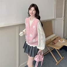 粉色小香风花朵针织马甲2025新款女初春高级感钩花上衣，女装马甲，维壹