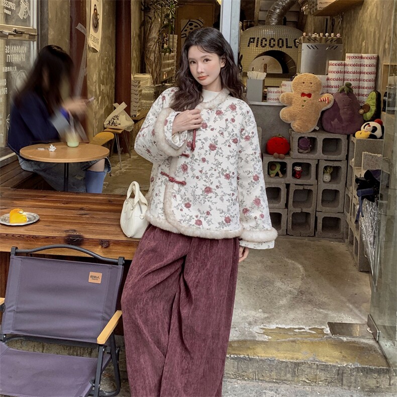 新中式风印花羽绒服两件套女加厚阔腿裤,女装羽绒服,2C120