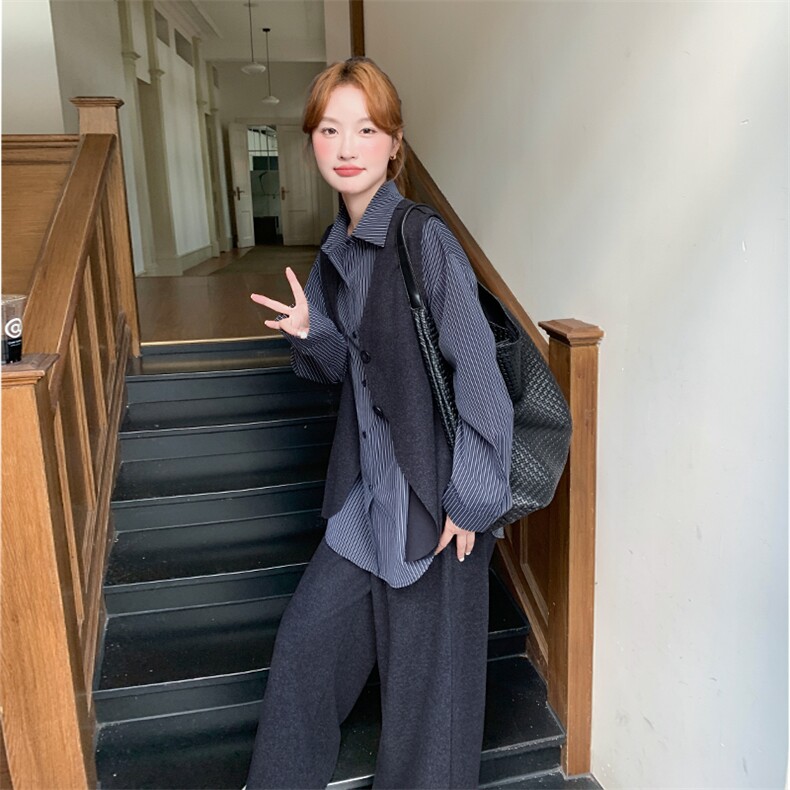 2025秋冬新款条纹衬衣+马甲阔腿裤三件套装2553款P195-K278,女装套装/套裙,浙宝301