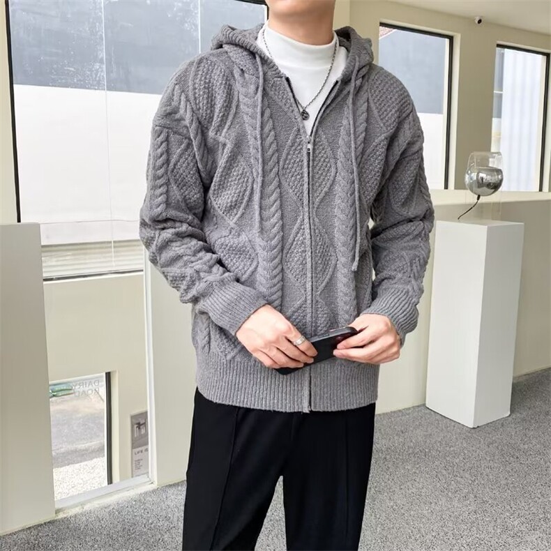 G08-P702025秋冬新款美式麻花纹理针织外套连帽慵懒风ins百搭,女装短外套,电商B323A