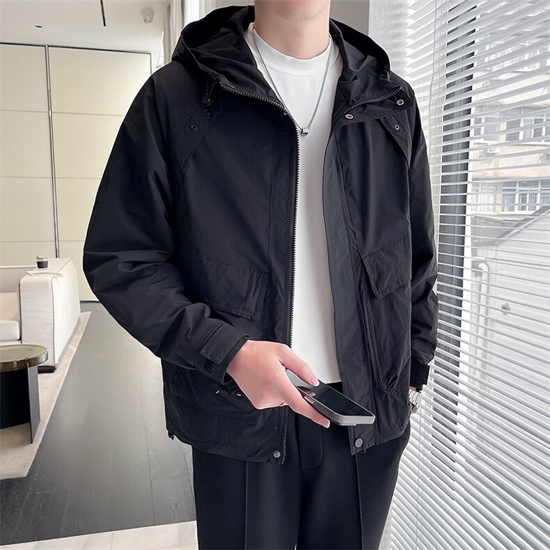 男士连帽外套2025秋季新款帅气工装青年夹克百搭时尚潮流上衣,男装夹克,电商A225