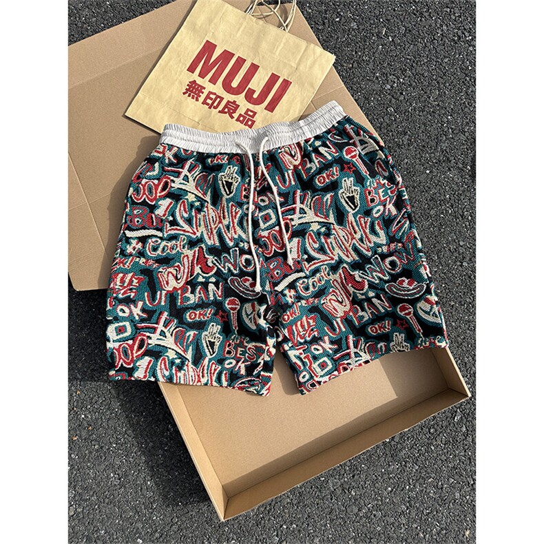 现货2W件夏威夷民族风短裤男女拼接大码宽松休闲沙滩五分裤特P25，男装牛仔裤，星座301D-2(原星座1004-1）