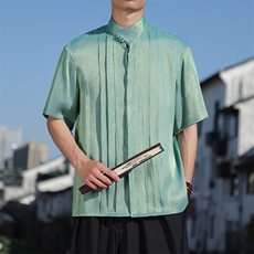 宽松风条纹褶皱轻薄透气亮面夏季休闲盘扣立领短袖衬衫30507，男装衬衫，星座305A（原312A-1）