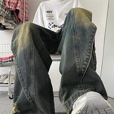 2025年高街做旧拼接牛仔裤男女直筒ins潮牌拖地长裤-B8933-p53，男装牛仔裤，星座601-2