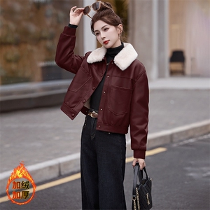 现货海宁f仿真皮皮衣女加绒加厚短款2024冬季新款女士宽松皮外套图片