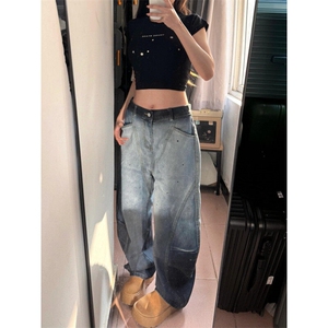 【有货】N1222CC-特P55 拼接裁剪褶皱做旧扎染渐变弯刀牛仔裤男女图片