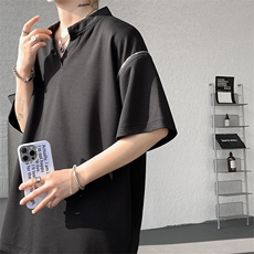 美式机车V领短袖T恤设计感T恤肩部拉链时尚设计短袖T恤半袖P48，男装T恤，电商B319