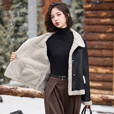 现货皮毛一体仿羊羔毛外套女短款2024秋冬新款加绒加厚外套，女装羊羔毛/颗粒绒，江南女神