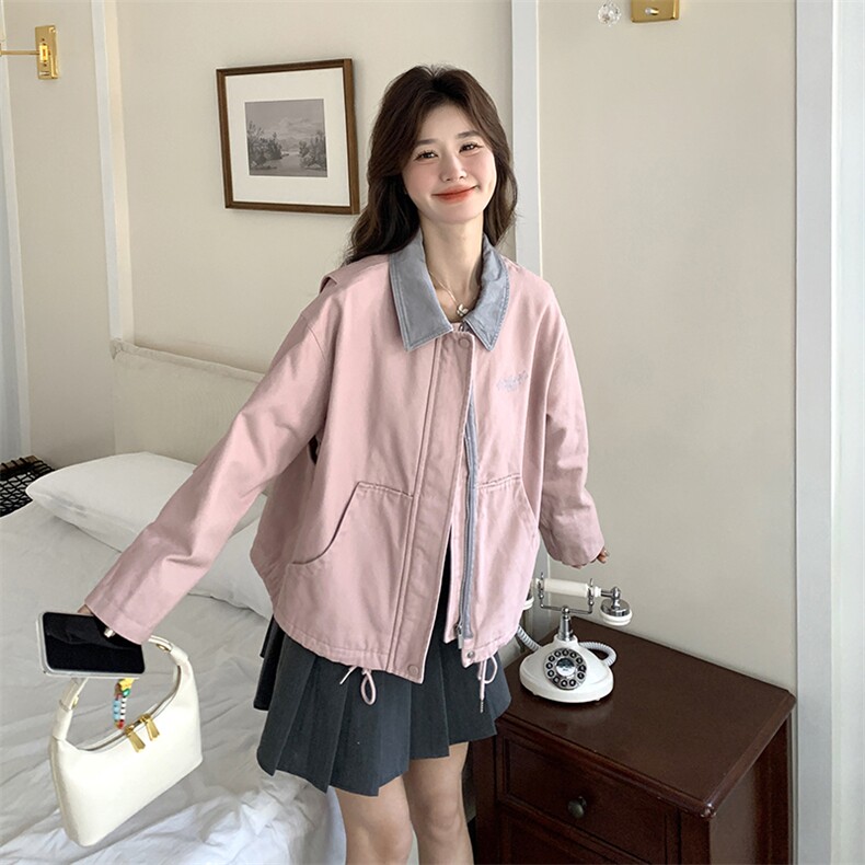 粉色学院风工装外套女2025春季新款设计感小众减龄小个子翻领上衣图片