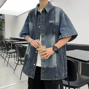 接拼牛仔短袖衬衫男美式复古小众衬衣夏季休闲宽松上衣服SH45-P53图片