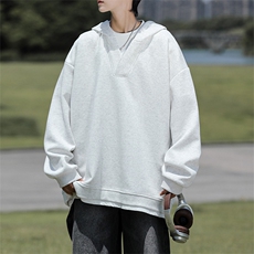 8XL-M叠穿假两件卫衣重磅连帽V领拼接套头衫宽松大码外套WY006P65，男装卫衣，电商B312