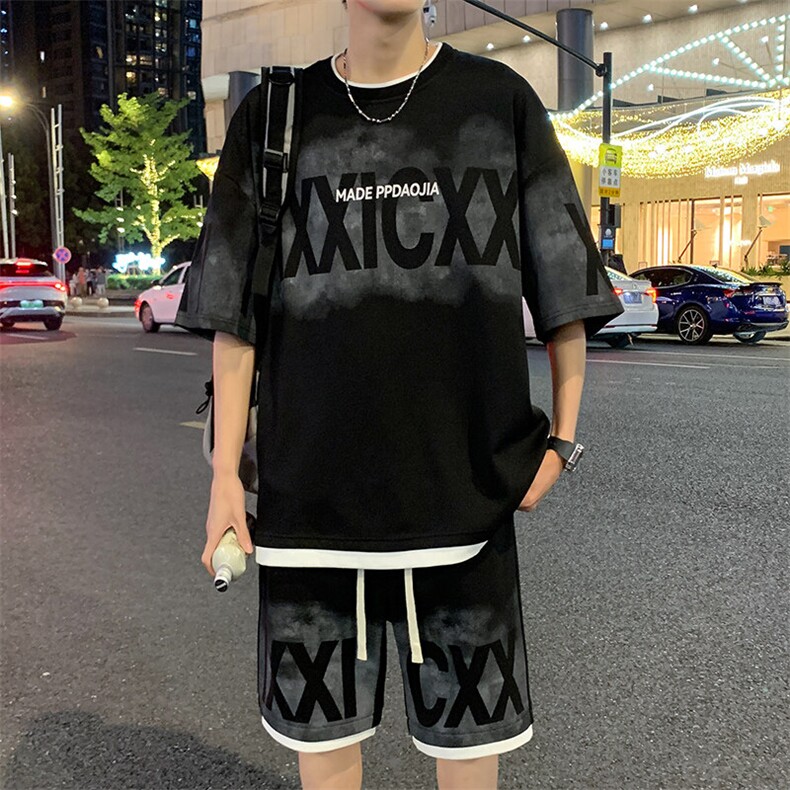 特批P50无差价夏新假菠萝格假两件字母印花设计感五分套装男TZ322,男装休闲套装,电商A001-1