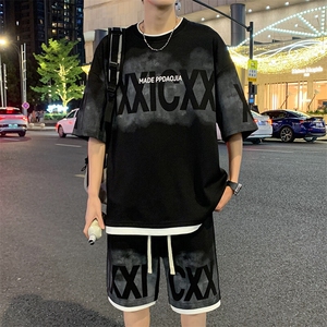 特批P50无差价夏新假菠萝格假两件字母印花设计感五分套装男TZ322图片