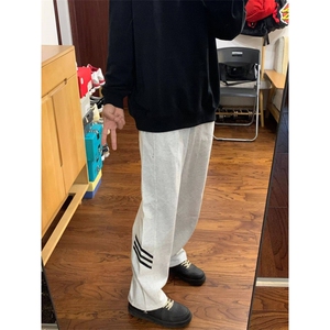 AK2408-p35 白灰色阔腿休闲裤男女卫裤设计感早春宽松美式运动裤图片