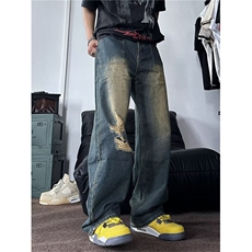 美式vibe复古破洞牛仔裤男女高街嘻哈宽松做旧长裤K60726-P40网图，男装牛仔裤，电商B245