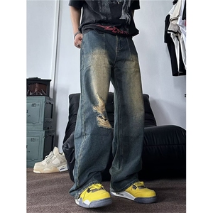 美式vibe复古破洞牛仔裤男女高街嘻哈宽松做旧长裤K60726-P40网图图片