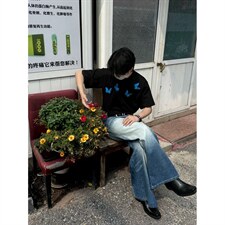 暗黑系蝴蝶印花短款短袖小众OS宽松欧美boxy纯棉T恤TXT459，男装T恤，星座516A