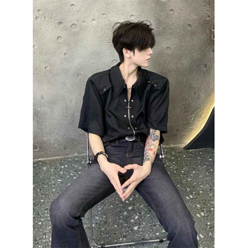 小众金属解构设计感拉链衬衫男垫肩短袖层次痞帅衬衣潮C503,男装Polo衫,星座1116A（原606A-3）