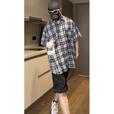 美式复古格子短袖衬衫夏男女宽松潮流小众休闲半袖衬衣CSD03P35，男装T恤，电商D256-1(原A064-1)