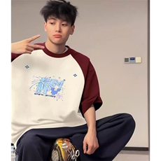 抖音得物高品质二开240克宽松纯棉美式潮牌插肩袖拼接短袖T恤，男装T恤，电商A486