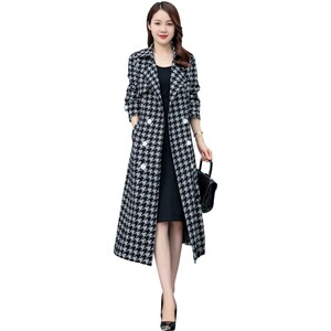 高端千鸟格风衣女2024春秋新款韩版显瘦气质收腰长款过膝大衣外套图片