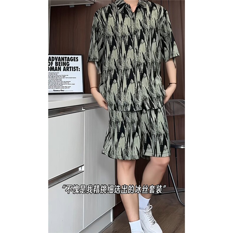 短袖衬衫男+短裤男套装男100%聚酯纤维M-5XL大码TZ78721P50控98,男装牛仔裤,星座226-1