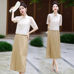 优雅新中式旗袍绣花盘扣短袖两件套连衣裙 显瘦修身气质女装,女装连衣裙,衣之秀