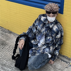 水墨晕染毛边格子衬衫开衫外套潮流男宽松初秋上衣C172/P55，男装衬衫，星座506A